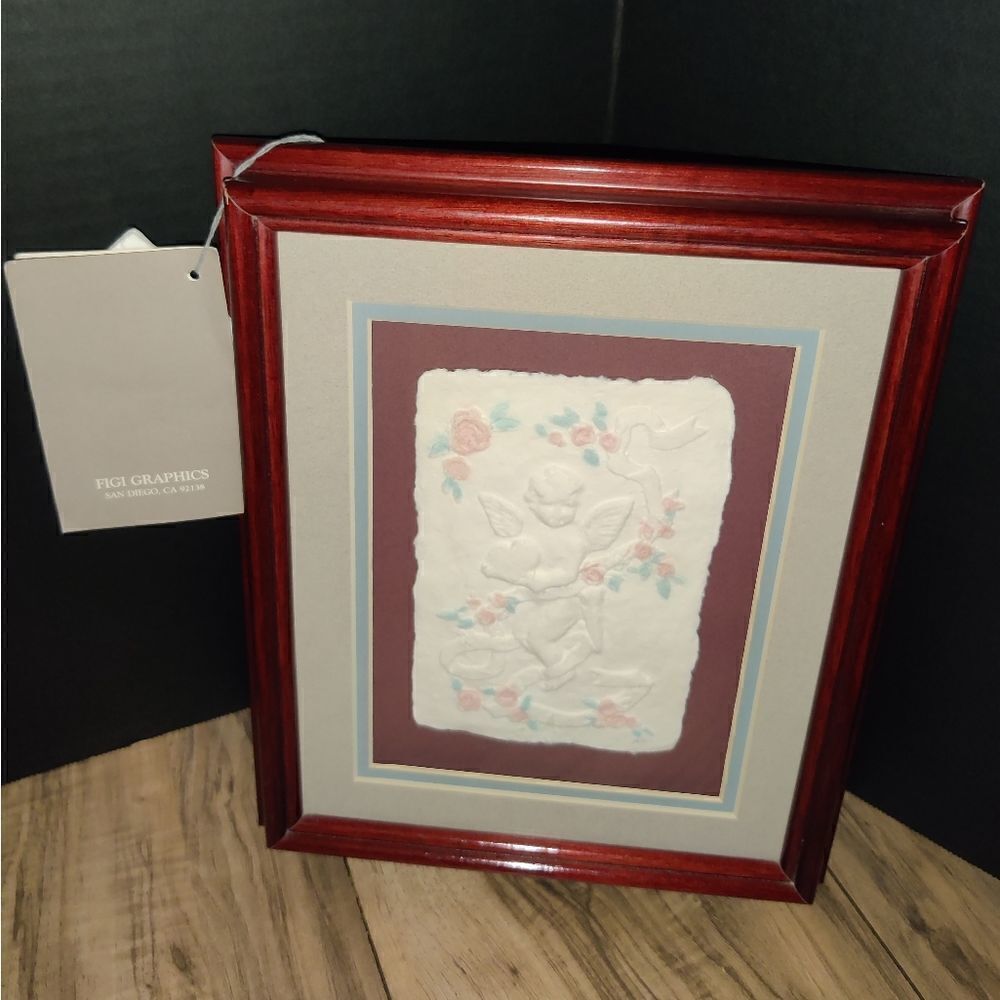 FIGI Graphics Angel Cherub Art 3D Hand Cast Paper Signed Framed
